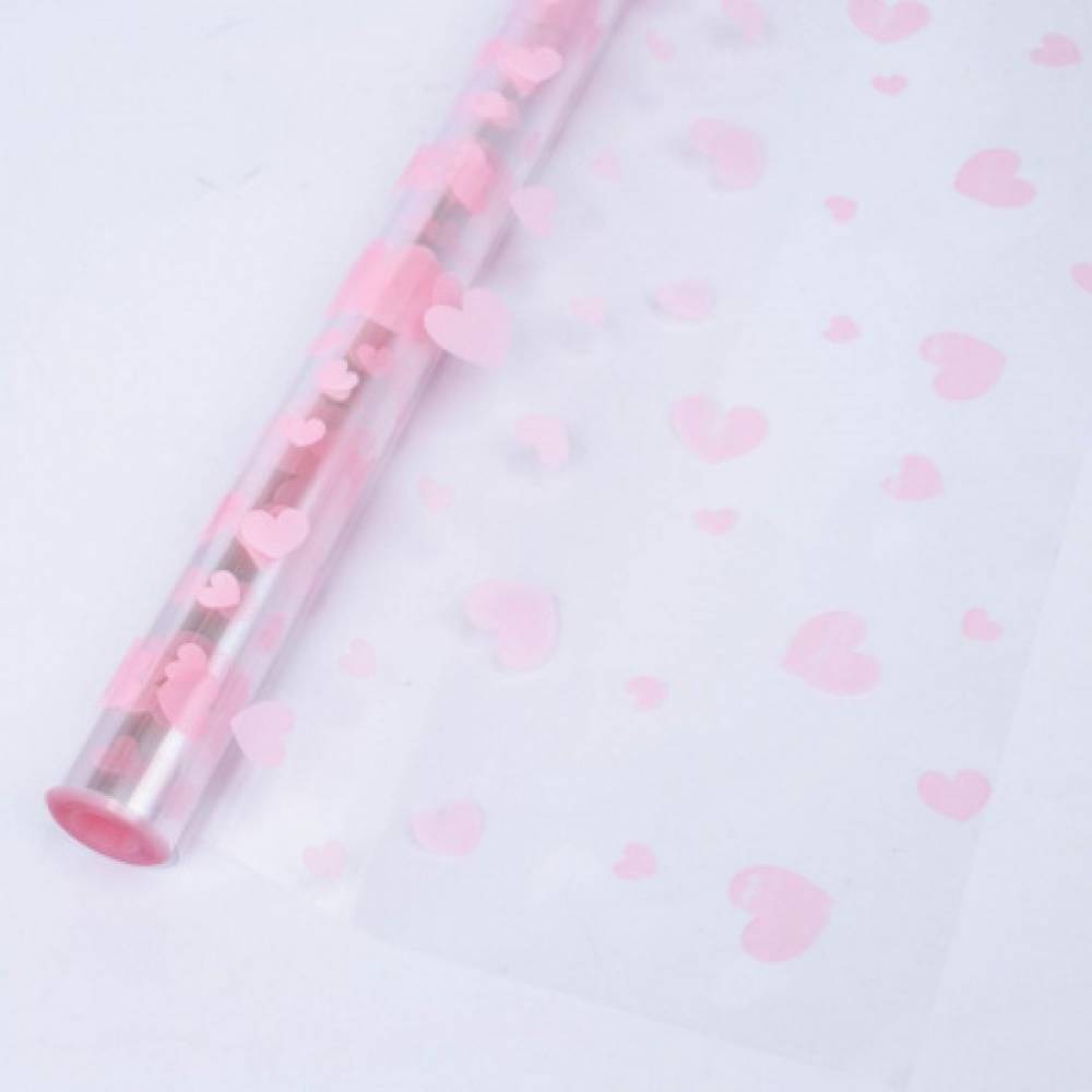 Пленка прозрачная с рисунком «Сердечки разные» Нежно-розовый 70см 200гр